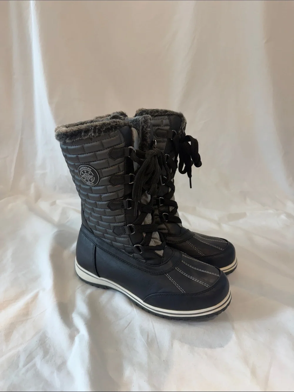 totes Gray Quilted Lace-Up Winter Boots with Faux Fur Trim